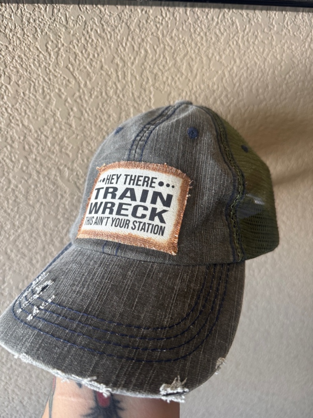Train Wreck Patch Distressed Trucker Hat - Olive & Charcoal